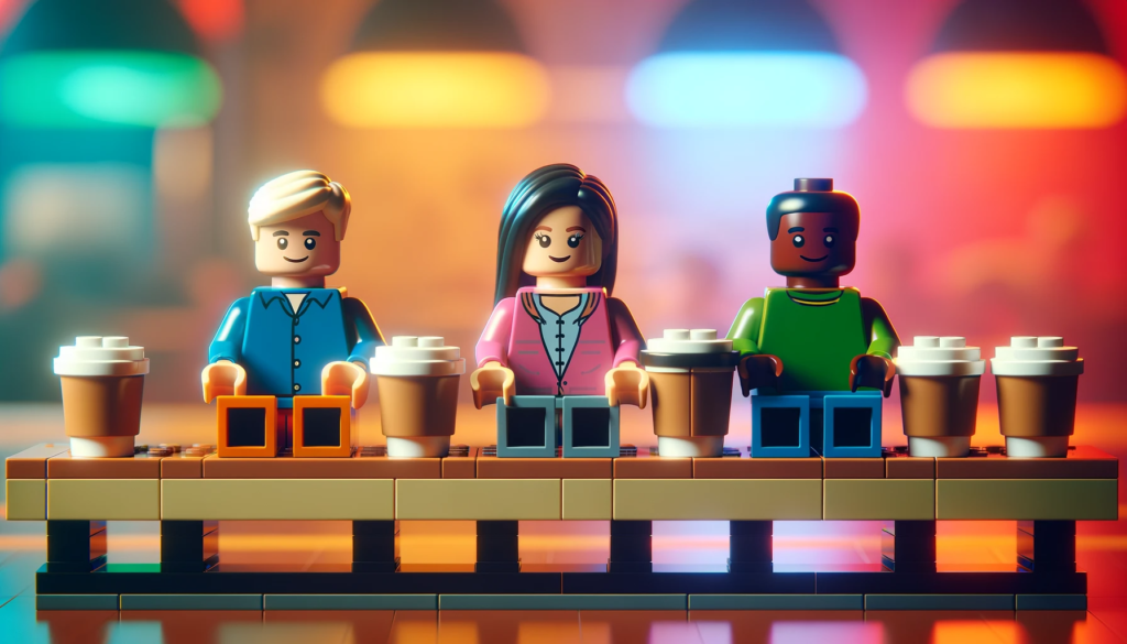 Three lego people all drinking coffee