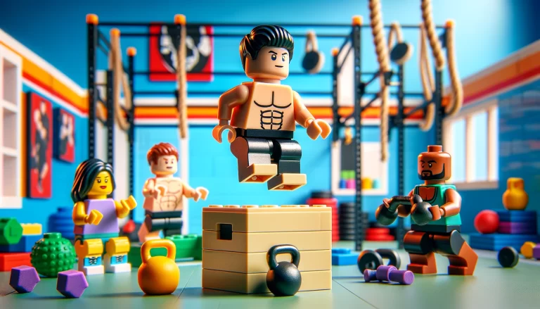 Three lego figures doing cross fit