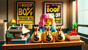 Lego lady with bags of money