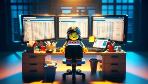 Lego lady sat at a desk looking worried