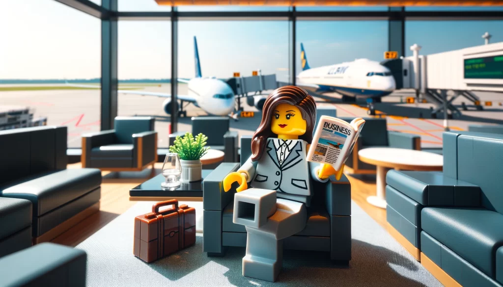 Lego businesslady sat in airport lounge wiating to board plane