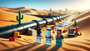 Three lego people looking at a leaking oil pipeline