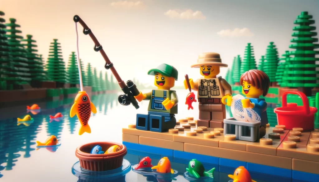 Three lego people fishing