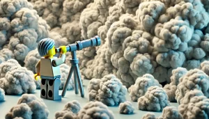 Lego man looking through a telescope into the clouds.