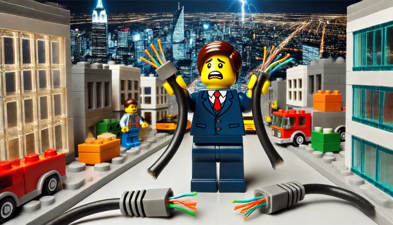 Lego man looking distressed at broken IT infrastructure