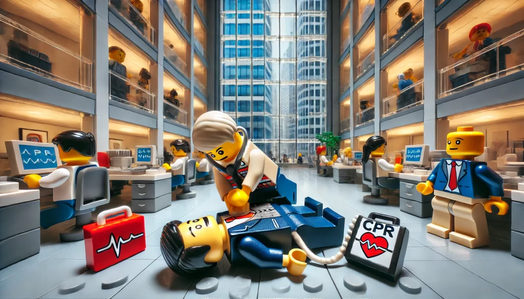 Lego doctor giving office worker CPR