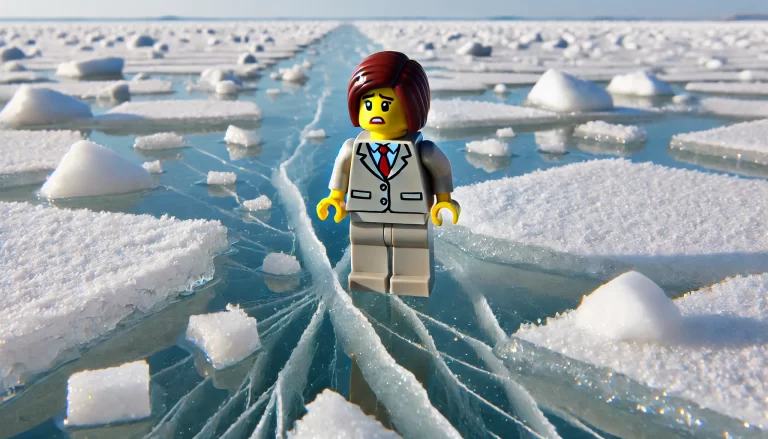 LEGO character looking worried on thin ice