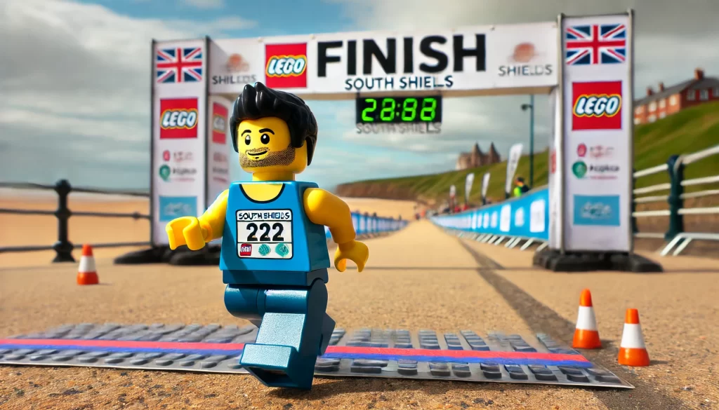 Lego guy finishing a half marathon