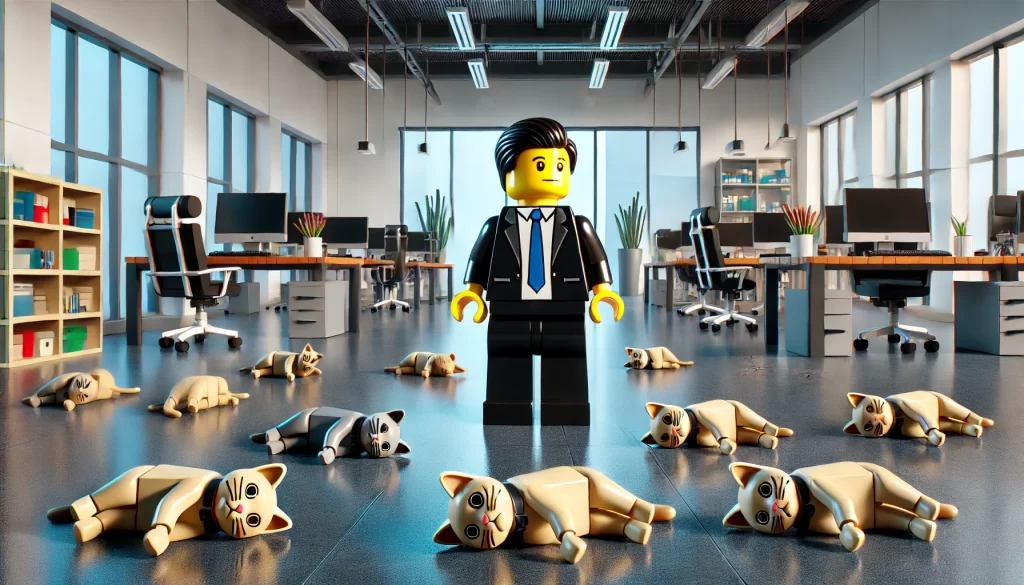 Corporate lego person surrounded by dead cats