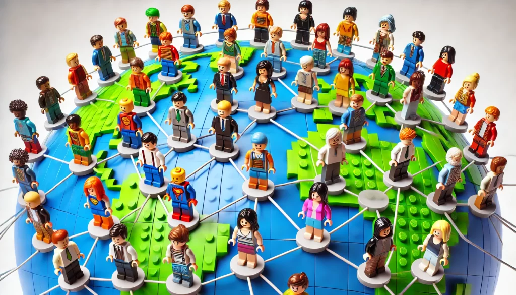 LEGO characters demonstrating collaboration across the world