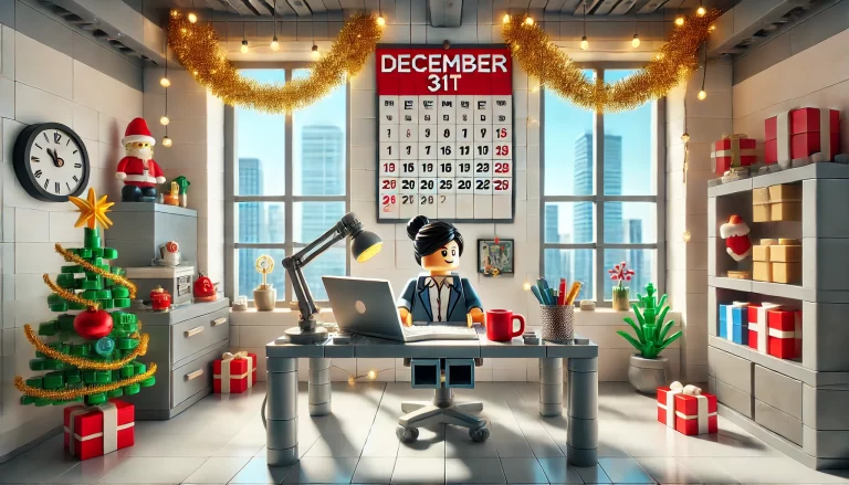 Corporate LEGO business woman in festive office setting.