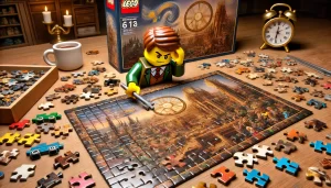 LEGO character trying to complete jigsaw puzzle