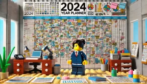 LEGO businesswoman standing in front of a 2024 wall planner