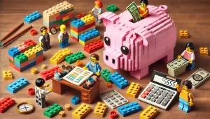 Large LEGO piggy bank with LEGO people trying to work out budgets