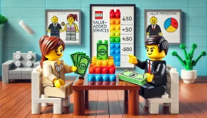 Two LEGO businesspeople sat at a table having a pricing discussion.