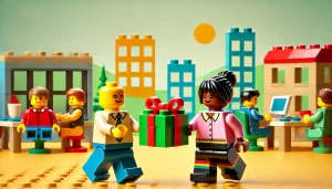 One LEGO person giving a gift to another lego person