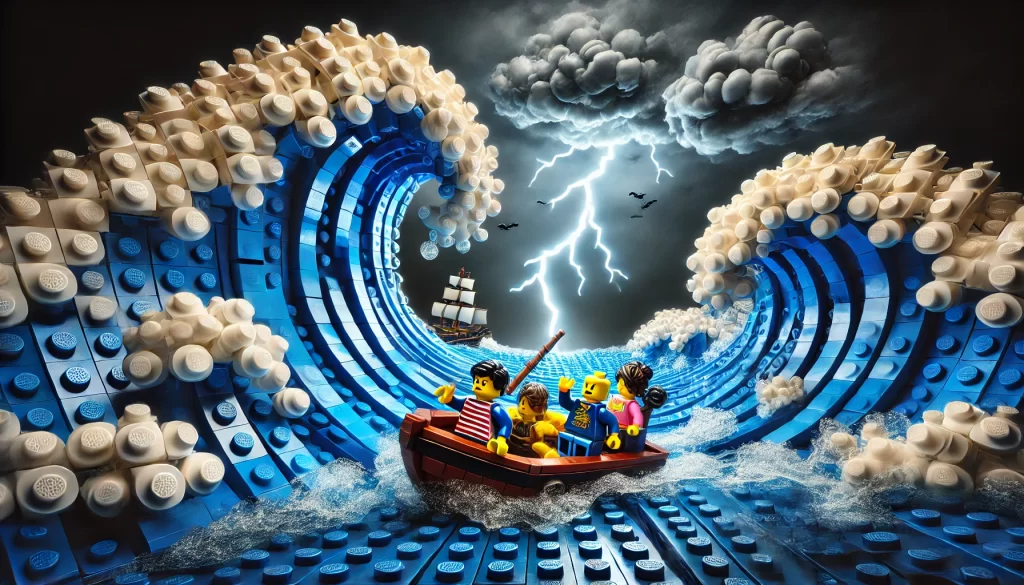 LEGO people in a little row boat in the middle of a storm.