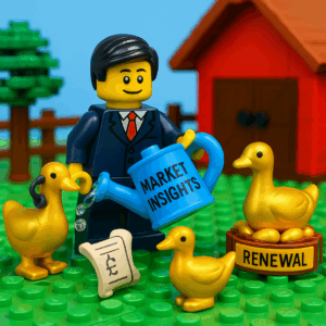 Corporate LEGO man tending the golden geese
