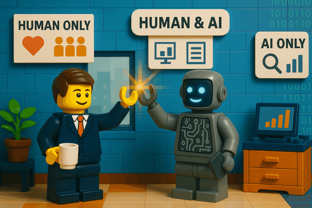 LEGO worker and digital colleague working together in harmony.